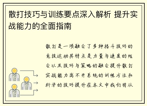 散打技巧与训练要点深入解析 提升实战能力的全面指南